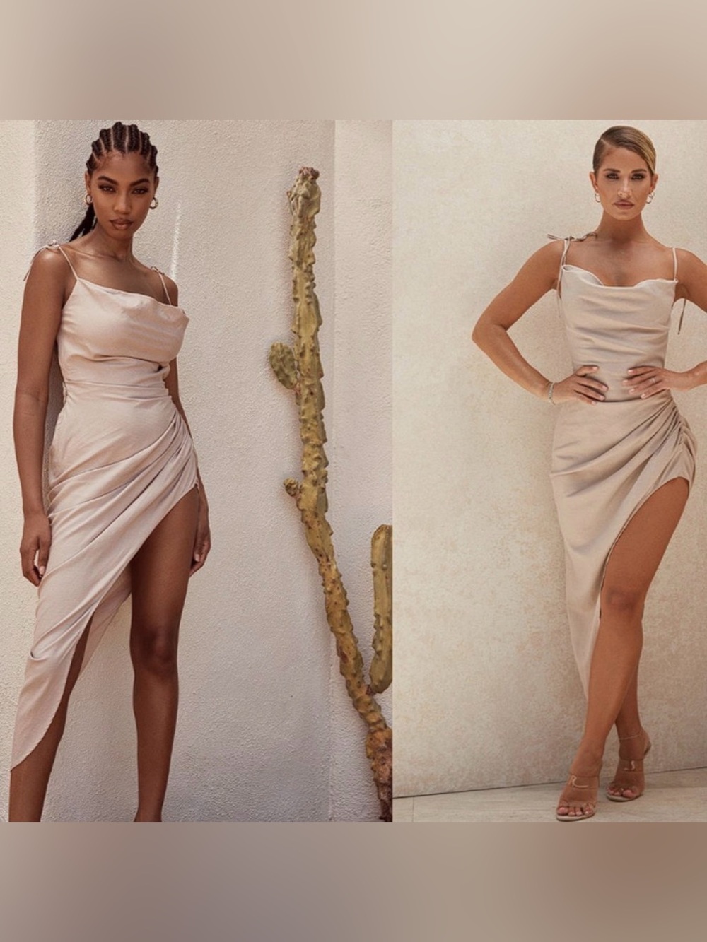 House of CB 'Soluna' Sand Thigh Split Draped Maxi Dress NWOT